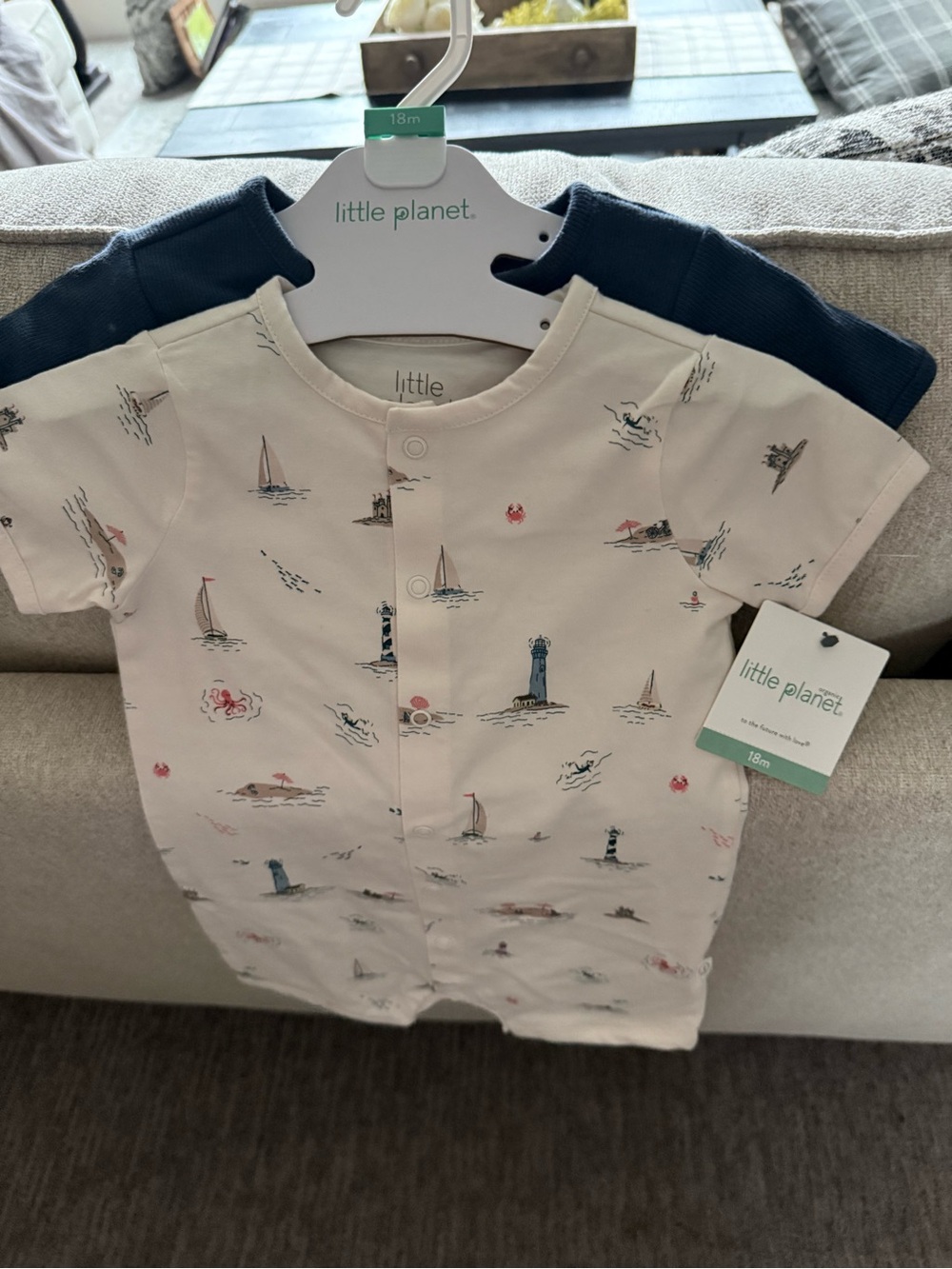 Pack of two Little Planet Nautical Baby Romper in Cream and Navy
